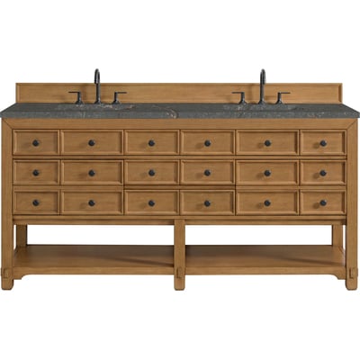 James Martin Malibu 72 inch Double Vanity, Amber Birch w/ 3 CM Parisien Bleu Top w/ FreePower Wireless Charger, 840467813139, 505-V72-AMB-FPBL
