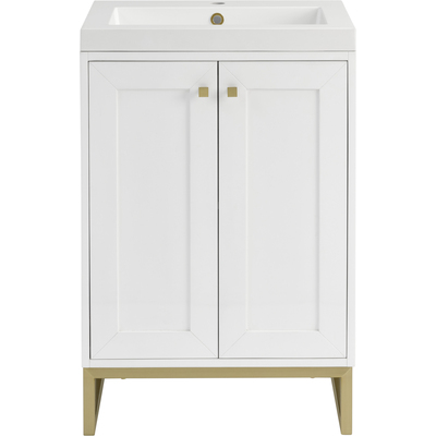 James Martin Chianti 24 inch Single Vanity, Glossy White, Champagne Brass, w/ White Glossy Composite Stone Top, 840467805585, 533V24GWCBWG