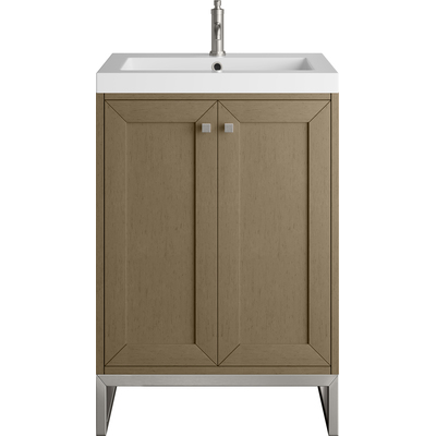 James Martin Chianti 24 inch Single Vanity, Walnut Whisper, Brushed Nickel, w/ White Glossy Composite Stone Top, 840467805608, 533V24WLWBNKWG
