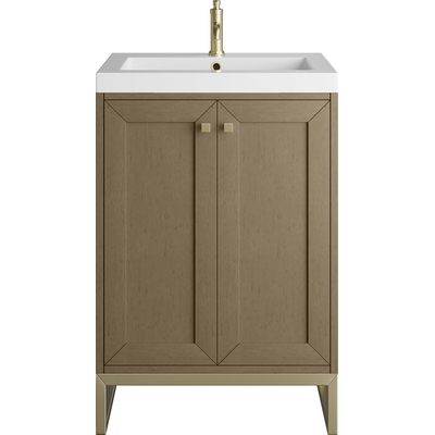 James Martin Chianti 24 inch Single Vanity, Walnut Whisper, Champagne Brass, w/ White Glossy Composite Stone Top, 840467805622, 533V24WLWCBWG