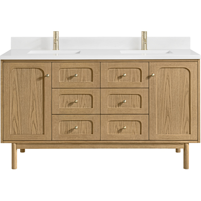 James Martin Laurent 60 inch Double Vanity, Light Natural Oak, w/ Single Hole 3 CM White Zeus Quartz Top & Backsplash, 840467804724, 545-V60D-LNO-1WZ