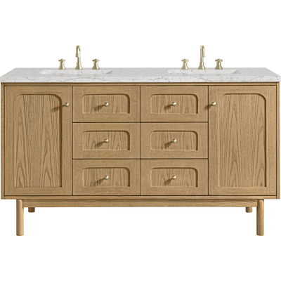 James Martin Laurent 60 inch Double Vanity, Light Natural Oak, w/ 3 CM Eternal Jasmine Pearl Quartz Top w/FreePower Wireless Charger, 840467811340, 545-V60D-LNO-FEJP