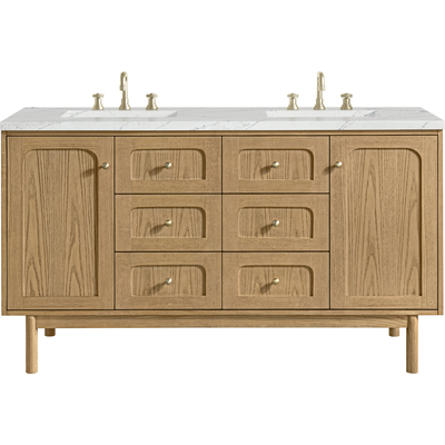 James Martin Laurent 60 inch Double Vanity, Light Natural Oak, w/ 3 CM Ethereal Noctis Quartz Top w/FreePower Wireless Charger, 840467811357, 545-V60D-LNO-FENC