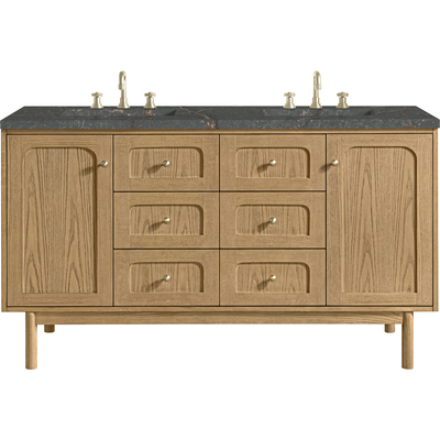James Martin Laurent 60 inch Double Vanity, Light Natural Oak, w/ 3 CM Parisien Bleu Quartz Top w/FreePower Wireless Charger, 840467811364, 545-V60D-LNO-FPBL