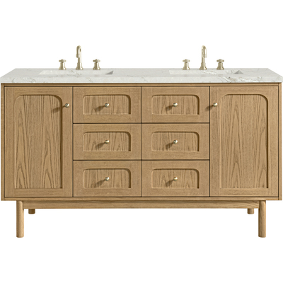 James Martin Laurent 60 inch Double Vanity, Light Natural Oak, w/ 3 CM Victorian Silver Quartz Top w/FreePower Wireless Charger, 840467811371, 545-V60D-LNO-FVSL