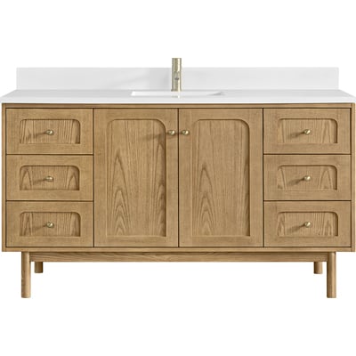 James Martin Laurent 60 inch Single Vanity, Light Natural Oak, w/ Single Hole 3 CM White Zeus Quartz Top & Backsplash, 840467804830, 545-V60S-LNO-1WZ