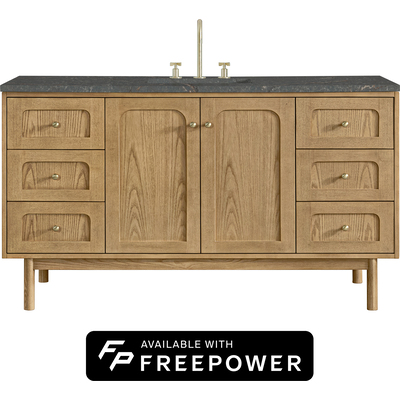 James Martin Laurent 60 inch Single Vanity, Light Natural Oak, w/ 3 CM Parisien Bleu Silestone Top w/ FreePower Wireless Charger, 840467807459, 545-V60S-LNO-FPBL