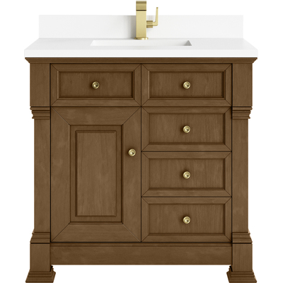 James Martin Brookfield 36 inch Single Vanity, Honey Oak w/ Single Hole 3 CM White Zeus Silestone® Top & Backsplash, 840467802966, 547-V36-HNO-1WZ