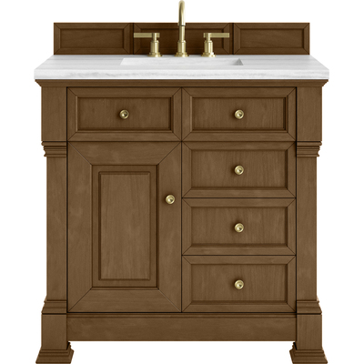 James Martin Brookfield 36 inch Single Vanity, Honey Oak w/ 3 CM Arctic Fall Solid Surface Top, 840467802973, 547-V36-HNO-3AF
