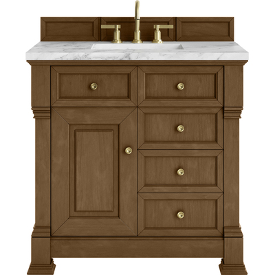 James Martin Brookfield 36 inch Single Vanity, Honey Oak w/ 3 cm Carrara White Marble Top, 840467802980, 547-V36-HNO-3CAR