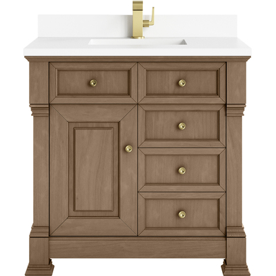 James Martin Brookfield 36 inch Single Vanity, Pecan w/ Single Hole 3CM White Zeus Silestone® Top & Backsplash, 840467803055, 547-V36-PCN-1WZ