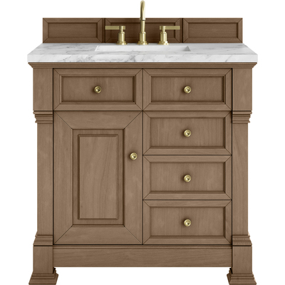 James Martin Brookfield 36 inch Single Vanity, Pecan w/3 CM Carrara White Marble Top, 840467803079, 547-V36-PCN-3CAR