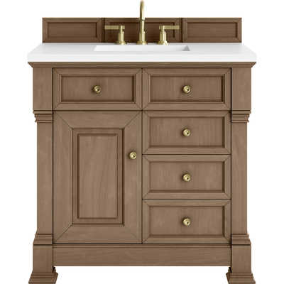 James Martin Brookfield 36 inch Single Vanity, Pecan, w/ 3 CM White Zeus Silestone® Top, 840467803130, 547-V36-PCN-3WZ