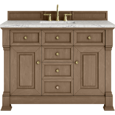 James Martin Brookfield 48 inch Single Vanity, Pecan w/3 CM Eternal Jasmine Pearl Silestone Top w/ FreePower Wireless Charger, 840467807558, 547-V48-PCN-FEJP