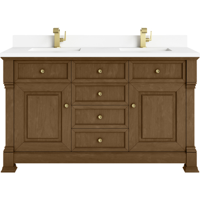 James Martin Brookfield 60 inch Double Vanity, Honey Oak w/ Single Hole 3 CM White Zeus Silestone® Top & Backsplash, 840467803536, 547-V60D-HNO-1WZ