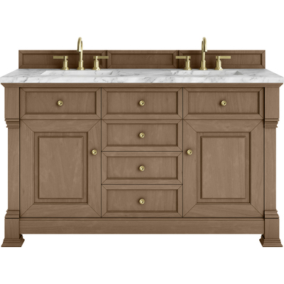 James Martin Brookfield 60 inch Double Vanity, Pecan w/3 CM Carrara White Marble Top, 840467803666, 547-V60D-PCN-3CAR