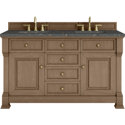 James Martin Brookfield 60 inch Double Vanity, Pecan w/ 3 CM Parisien Bleu Silestone® Top w/FreePower Wireless Charger, 840467811524, 547-V60D-PCN-FPBL