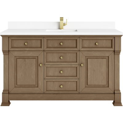James Martin Brookfield 60 inch Single Vanity, Pecan w/ Single Hole 3CM White Zeus Silestone® Top & Backsplash, 840467803963, 547-V60S-PCN-1WZ