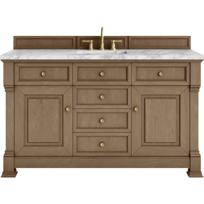 James Martin Brookfield 60 inch Single Vanity, Pecan w/ 3 CM Carrara White Marble Top, 840467803987, 547-V60S-PCN-3CAR
