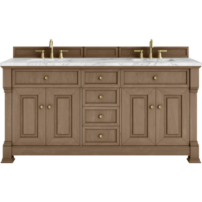 James Martin Brookfield 72 inch Double Vanity, Pecan w/ 3 CM Carrara White Marble Top, 840467804304, 547-V72-PCN-3CAR