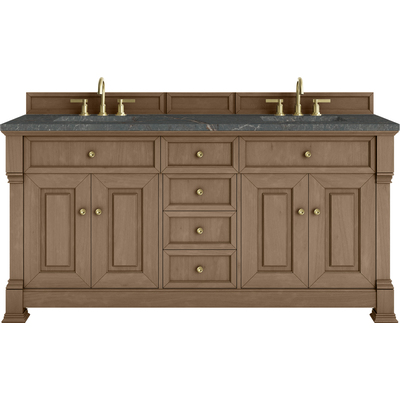 James Martin Brookfield 72 inch Double Vanity, Pecan w/ 3 CM Parisien Bleu Silestone Top w/ FreePower Wireless Charger, 840467807817, 547-V72-PCN-FPBL