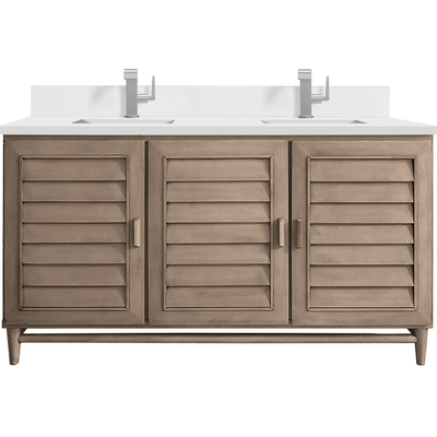 James Martin Portland 60 inch Double Vanity Whitewashed Walnut w/ Single Hole 3 CM White Zeus Quartz Top & Backsplash, 840108976605, 620-V60D-WW-1WZ