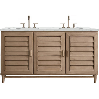 James Martin Portland 60 inch Double Vanity Whitewashed Walnut w/ 3 CM Ethereal Noctis Silestone Top w/FreePower Wireless Charger, 840467811593, 620-V60D-WW-FENC