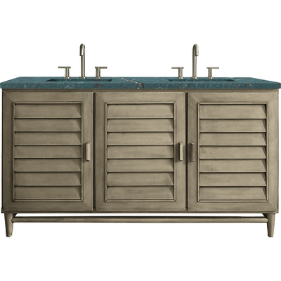 James Martin Portland 60 inch Double Vanity Whitewashed Walnut w/ 3 CM Parisien Bleu Silestone Top w/FreePower Wireless Charger, 840467811609, 620-V60D-WW-FPBL