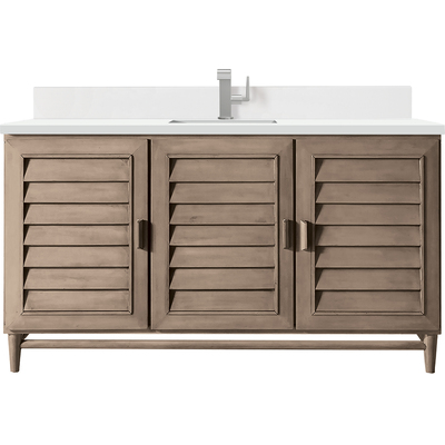 James Martin Portland 60 inch Single Vanity Whitewashed Walnut w/ Single Hole 3 CM White Zeus Quartz Top & Backsplash, 840108976865, 620-V60S-WW-1WZ