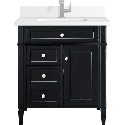 James Martin Brittany 30 inch Single Vanity, Black Onyx, w/ Single Hole 3 CM White Zeus Quartz Top & Backsplash, 840108975639, 650-V30-BKO-1WZ
