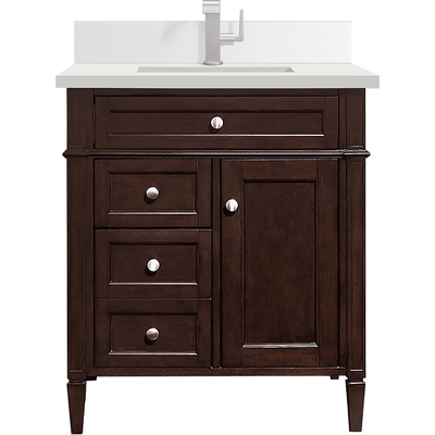 James Martin Brittany 30 inch Single Vanity, Burnished Mahogany, w/ Single Hole 3 CM White Zeus Quartz Top & Backsplash, 840108975646, 650-V30-BNM-1WZ