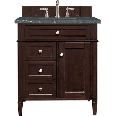 James Martin Brittany 30 inch Single Vanity, Burnished Mahogany, w/ 3 CM Parisien Bleu Quartz Top, 840108968082, 650-V30-BNM-3PBL