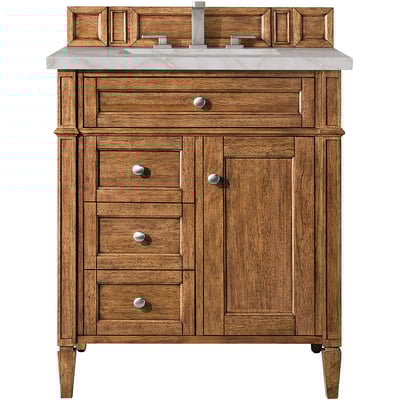 James Martin Brittany 30 inch Single Vanity, Saddle Brown, w/ 3 CM Victorian Silver Quartz Top, 840108966392, 650-V30-SBR-3VSL