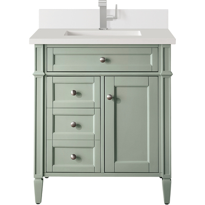 James Martin Brittany 30 inch Single Vanity, Sage Green, w/ Single Hole 3 CM White Zeus Quartz Top & Backsplash, 840108975684, 650-V30-SGR-1WZ
