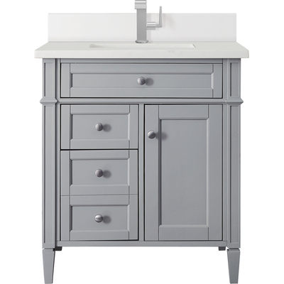 James Martin Brittany 30 inch Single Vanity, Urban Gray, w/ Single Hole 3 CM White Zeus Quartz Top & Backsplash, 840108975691, 650-V30-UGR-1WZ