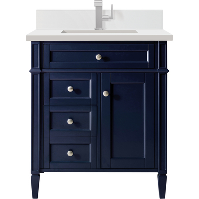 James Martin Brittany 30 inch Single Vanity, Victory Bleu w/ Single Hole 3 CM White Zeus Quartz Top & Backsplash, 840108975707, 650-V30-VBL-1WZ