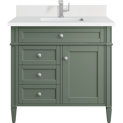 James Martin Brittany 36 inch Single Vanity, Smokey Celadon w/ Single Hole 3 CM White Zeus Top & Backsplash, 840108976001, 650-V36-SC-1WZ