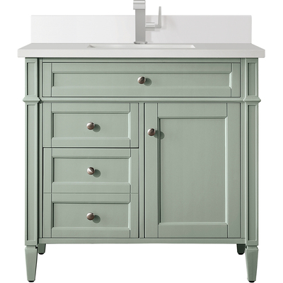 James Martin Brittany 36 inch Single Vanity, Sage Green w/ Single Hole 3 CM White Zeus Quartz Top & Backsplash, 840108976018, 650-V36-SGR-1WZ