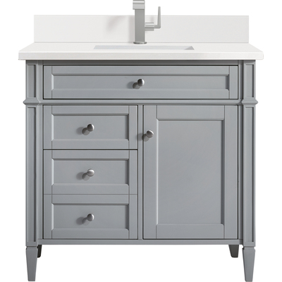 James Martin Brittany 36 inch Single Vanity, Urban Gray w/ Single Hole 3 CM White Zeus Quartz Top & Backsplash, 840108976025, 650-V36-UGR-1WZ