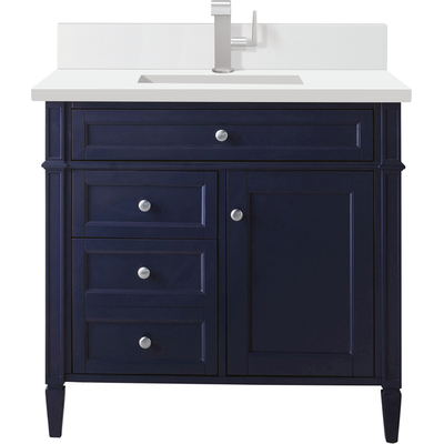 James Martin Brittany 36 inch Single Vanity, Victory Bleu w/ Single Hole 3 CM White Zeus Quartz Top & Backsplash, 840108976032, 650-V36-VBL-1WZ