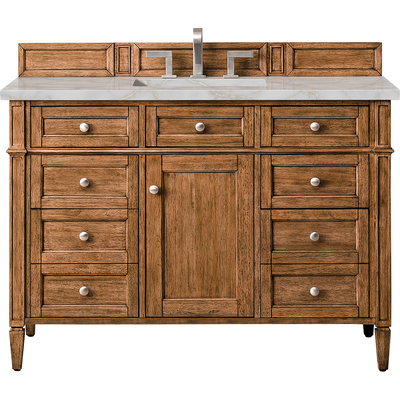 James Martin Brittany 48 inch Single Vanity, Saddle Brown w/ 3 CM Victorian Silver Quartz Top, 840108966552, 650-V48-SBR-3VSL