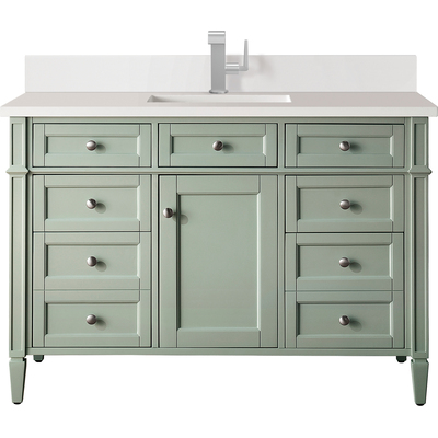 James Martin Brittany 48 inch Single Vanity, Sage Green w/ Single Hole 3 CM White Zeus Quartz Top & Backsplash, 840108976384, 650-V48-SGR-1WZ