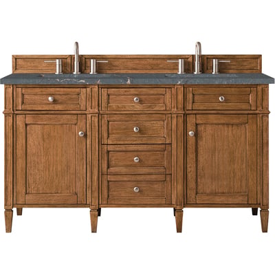James Martin Brittany 60 inch Double Vanity, Saddle Brown w/ 3 CM Parisien Bleu Quartz Top, 840108968259, 650-V60D-SBR-3PBL