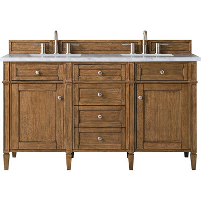 James Martin Brittany 60 inch Double Vanity, Saddle Brown w/ 3 CM Eternal Jasmine Pearl Silestone Top w/FreePower Wireless Charger, 840467812033, 650-V60D-SBR-FEJP