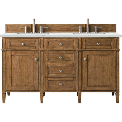 James Martin Brittany 60 inch Double Vanity, Saddle Brown w/ 3 CM Ethereal Noctis Silestone Top w/FreePower Wireless Charger, 840467812040, 650-V60D-SBR-FENC
