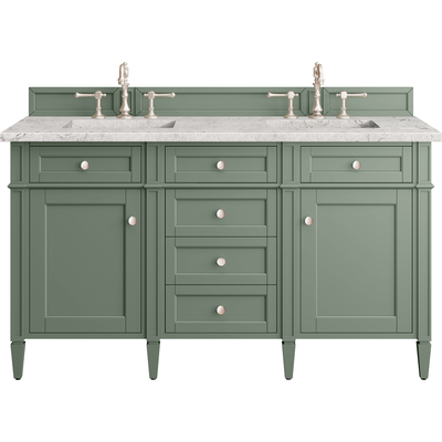 James Martin Brittany 60 inch Double Vanity, Smokey Celadon w/ 3 CM Eternal Jasmine Pearl Top w/FreePower Wireless Charger, 840467812071, 650-V60D-SC-FEJP