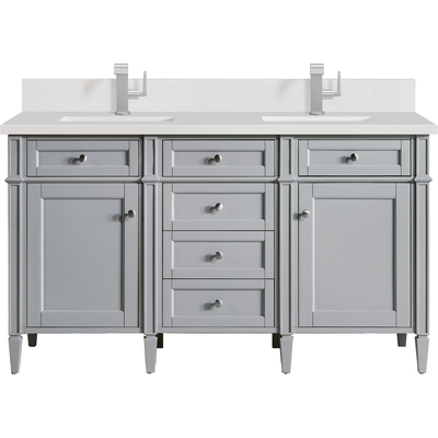 James Martin Brittany 60 inch Double Vanity, Urban Gray w/ Single Hole 3 CM White Zeus Quartz Top & Backsplash, 840108976667, 650-V60D-UGR-1WZ