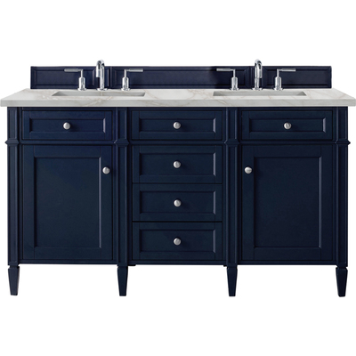 James Martin Brittany 60 inch Double Vanity, Victory Blue w/ 3 CM Victorian Silver Silestone Top w/FreePower Wireless Charger, 840467812163, 650-V60D-VBL-FVSL