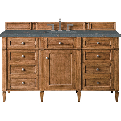 James Martin Brittany 60 inch Single Vanity, Saddle Brown w/ 3 CM Parisien Bleu Quartz Top, 840108968303, 650-V60S-SBR-3PBL