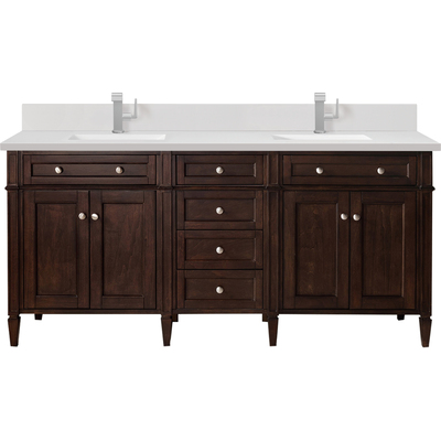 James Martin Brittany 72 inch Double Vanity, Burnished Mahogany w/ Single Hole 3 CM White Zeus Quartz Top & Backsplash, 840108977183, 650-V72-BNM-1WZ
